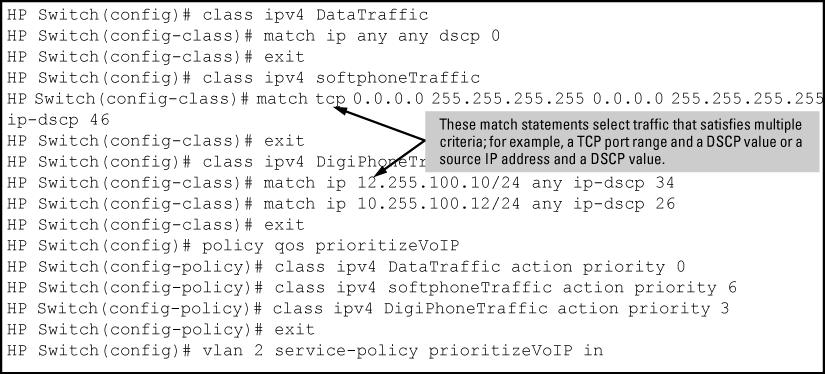 Figure 48 A QoS policy for voice over IP and data traffic Configuring a QoS policy for layer 4 TCP/UDP traffic (Example) The following example shows how to configure a rate limiting policy for