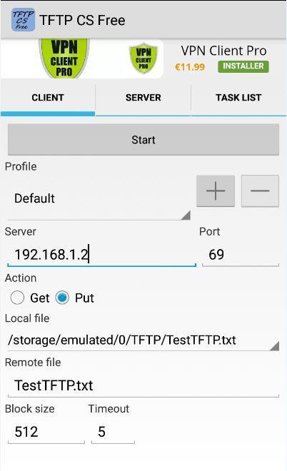 Create a file in your smartphone Enter the IP adress of the SPWF04 on your smartphone and the port on the TFTP App If you want to put a