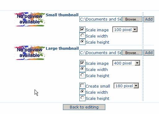 Then select the Browse button in the large thumbprint to choose a different image. Make sure the Create small box is not ticked and then click Add.