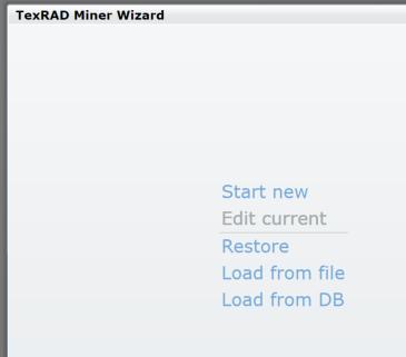 Figure 24. The TexRAD Miner Wizard which appears on startup 7.1 The import wizard Click on Start New to analyse a new dataset. 7.1.1 Page one data selection In the first page, select one of the data source icons to add data.
