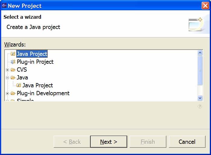To create a project, select the menu item File New Project. Select Java Project and click Next >.