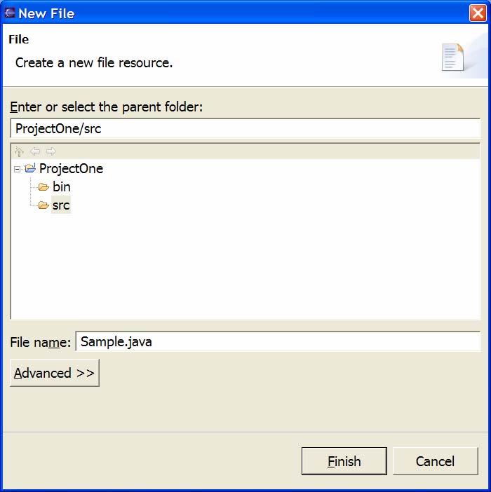 4. Creating a New Java File to Add to a Project To create a new Java source file from scratch, click on the folder named src in the navigator panel and then select the menu item File New File.