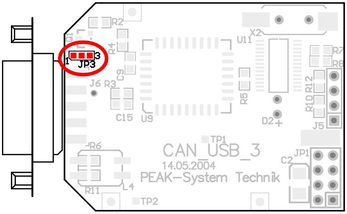 Figure 2: PCAN-USB board (IPEH-002021), solder field JP3 5-Volt supply None Pin 1 Pin 9 Pin 1 + Pin 9 PCAN-USB, solder field JP3 Figure 3: