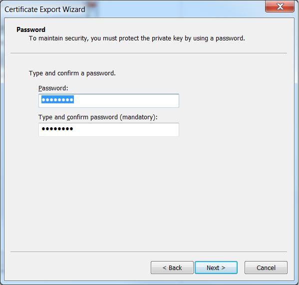 Appendix G Exporting a Certificate to a File 8. Enter and confirm a password for the certificate.