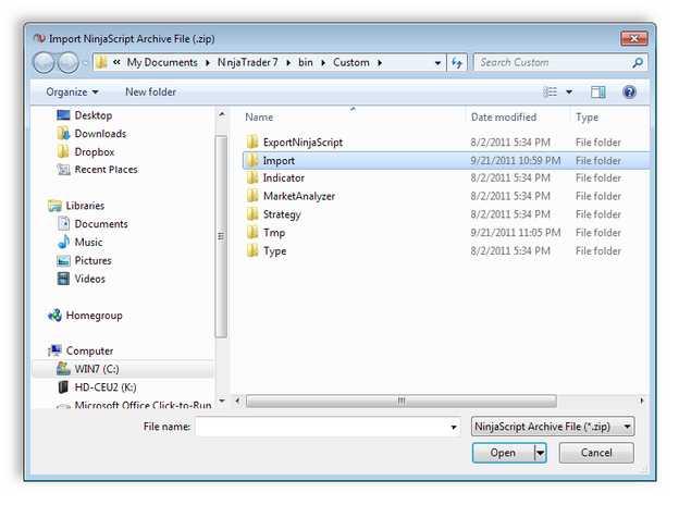 The Import NinjaScript Archive File (.zip) dialog will open.