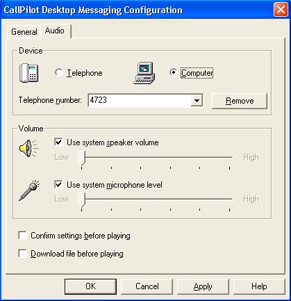 Using CallPilot Desktop Messaging for Internet clients 4. In the Device settings, click Telephone if you want to play and record your voice messages from your telephone.