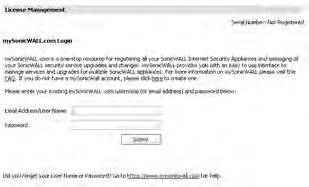 3. In the License Management page, type your MySonicWALL user name and password and then click Submit. 4.