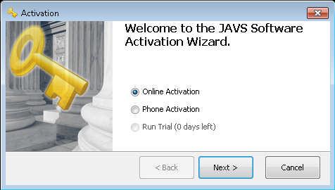 Appendix-A Activation The JAVS software set requires that each user activate the software before it can be used.