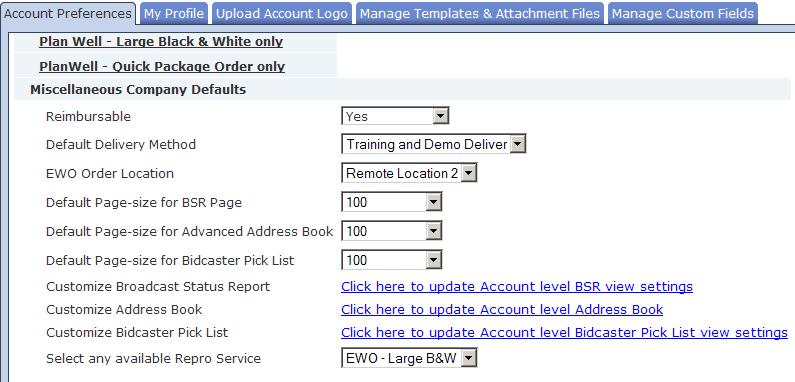 You may set default online ordering information for every service your reprographer offers through the Account Preferences tab. These default settings can speed up the ordering process.