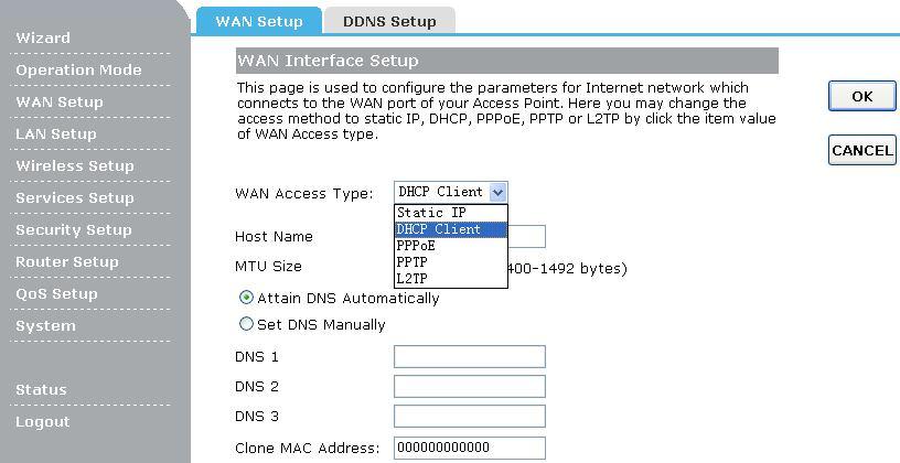 Chapter 4 Advanced Setup 4.1 Wan Setup 4.1.1 Wan setup This page is used to configure the parameters for Internet network which connects to the WAN port of your Access Point.