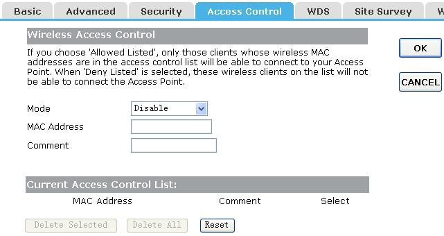 Mode: If you choose 'Allowed Listed', only those clients whose wireless MAC addresses are in the access control list will
