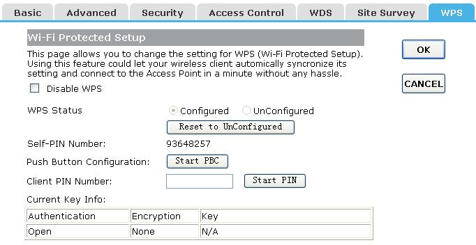 Disable WPS: Check this box and clicking OK will disable WPS function. WPS is turned on by default.