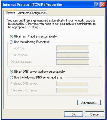 Select "Obtain an IP address automatically" and "Obtain DNS server address