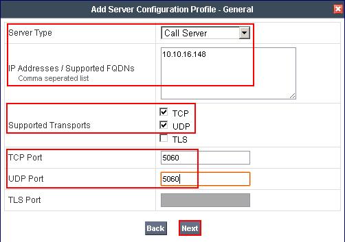 Configure the General fields as follows: Server Type select Call Server from the drop down box IP Addresses / Supported FQDNs - enter the IP address assigned to the Session Manager SIP Signaling