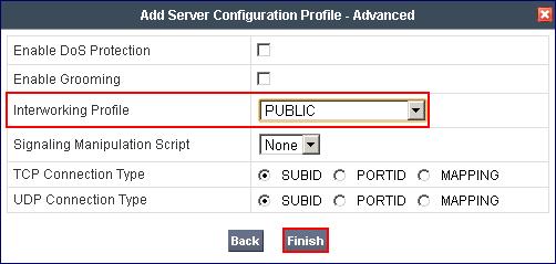 From the drop down box select the Interworking Profile configured in the