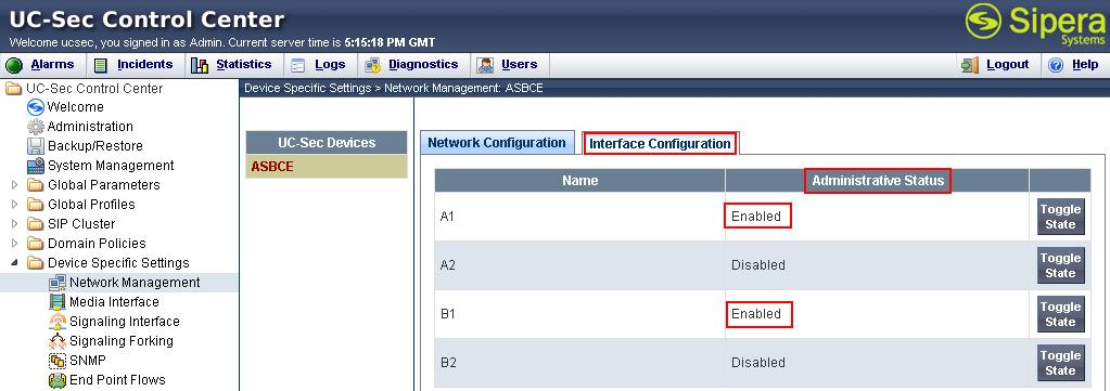 The Network Configuration tab is shown below. Observe the IP Address, Netmask, Gateway and Interface information previously assigned. Note that only the A1 and B1 interfaces are used.