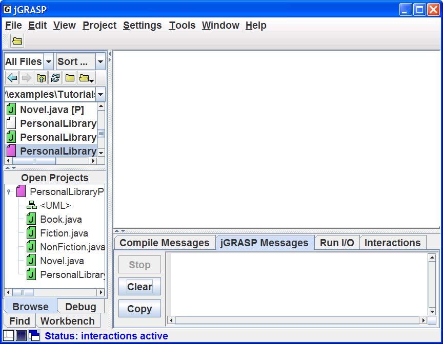 3.3 Opening a Project and UML Window After double-clicking the PersonalLibraryProject folder, the Java source files in the project as well as the jgrasp project file are displayed in the Browse tab.