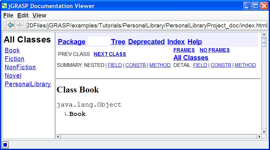(3) Review the information listed in the UML tab. As the arrow in the diagram indicates, PersonalLibrary uses a constructor from Fiction as well as the getmaincharacter() method.