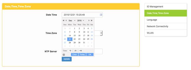 Date, Time, Time Zone Tab Figure 29 The Date, Time, Time Zone page is displayed. Date Time Field Time Zone Field Figure 30 3.