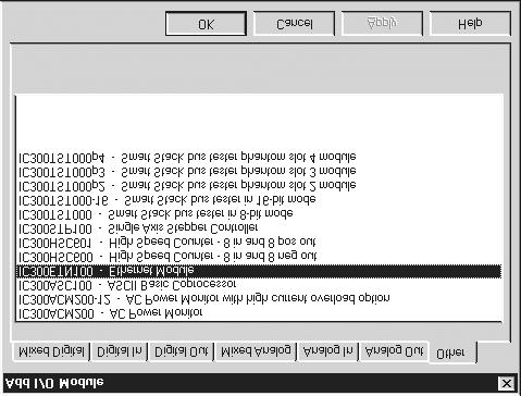 PAGE 20 03 JAN 2001 GFK-1784A 4. The Add I/O Screen appears. Press Other and use the mouse to select the ETN100 as shown in Figure 3.2 address OK. Figure 3.2 Selecting ETN100 5.
