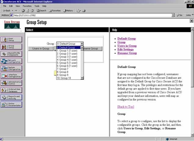 TACACS+ server configuration examples 245 Figure 29 Group Setup window - viewing the group setup