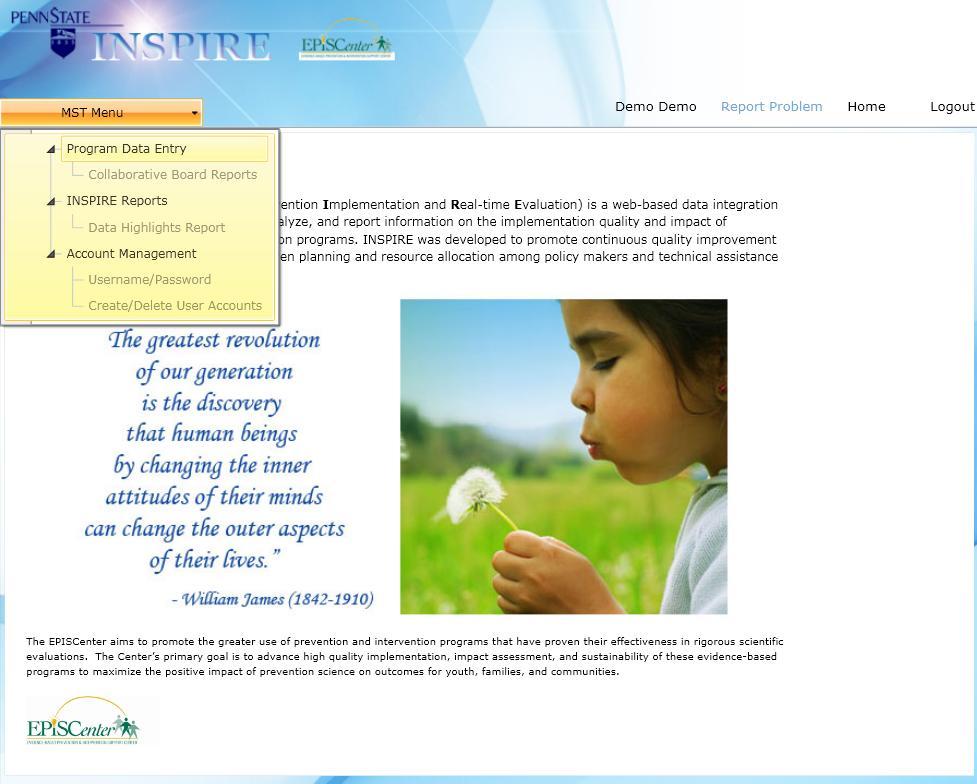 Home Page INSPIRE Screen Guide: After logging into INSPIRE with your administrative user account, you will be taken to the home page of INSPIRE.