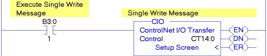 6-26 Using Explicit Messaging PLC-5 Controller Example Ladder Logic Program to Write a Single Parameter A write message is used to write to a single parameter.