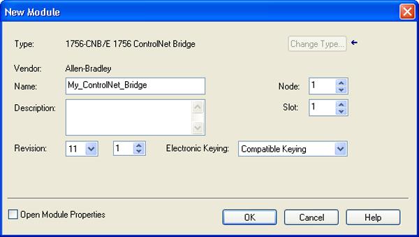 4-4 Configuring the I/O In this example, we use a 1756-CNB ControlNet Bridge (Series E), so the 1756-CNB option is selected. 5. Click CREATE. 6.