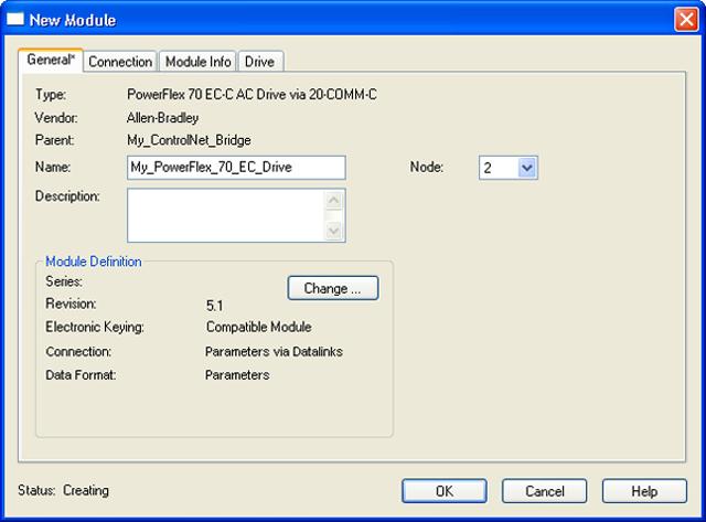 For this example, we selected PowerFlex 70 EC-C. 3. Click CREATE. The drive s New Module screen appears. 4. On the General tab, edit the following data about the drive/adapter.