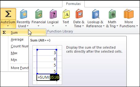 Type ) If you wanted to calculated the sum of the values in the range beginning with A1 and ending with A4, you would type =sum(a1:a4) Calculating a Sum with the AutoSum Button Excel s AutoSum tool