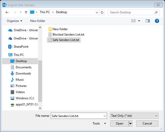 6. Select the Safe Senders List file you saved on your desktop. 7. Click Open.