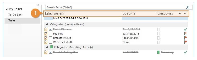 Sort Tasks An easy way to sort your tasks is by clicking one of the column headers to sort by that field. Click a column header. Tip: Click the column header again to view the list in reverse order.