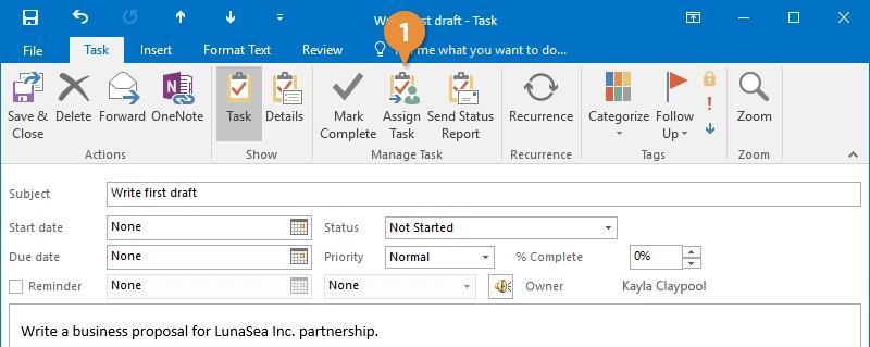 Shortcut: Click the New Items list arrow on the Home tab and select Task Request. Enter the desired task information. Click Send. The task assignment is sent.