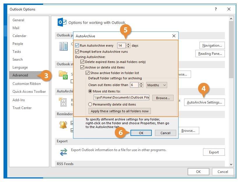 Set up Auto Archive You can also set it up so that Outlook automatically archives items older than a certain time period. Click File. Click Options. Click Advanced.