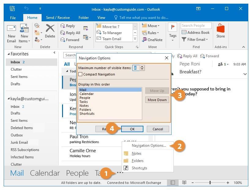 Navigating Outlook While Outlook displays just your mail at first, you can switch the view over to other information easily.