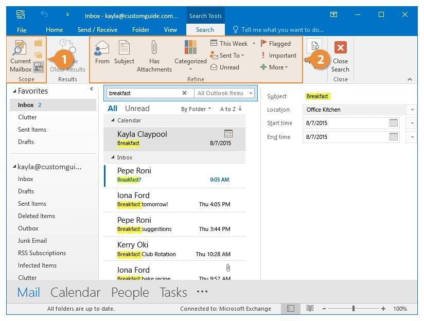 Searching If you have a lot of items in Outlook and want to find something specific, you can search for it. This feature works the same everywhere in Outlook: Mail, Calendar, People, Tasks, or Notes.