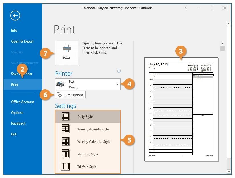 Printing You can print your Outlook items, including messages, contacts, or calendars. From the item you d like to print, click the File tab. Select Print.