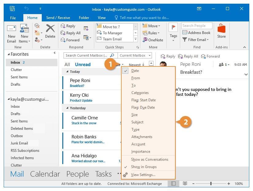 Sorting Email When you have a lot of emails in your Inbox, it can be helpful to use Outlook's sorting options to quickly find what you need. Sort by Read Status Click Unread to view only unread mail.