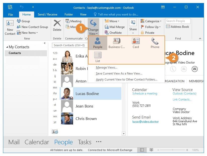 Viewing and Searching Contacts Outlook s People hub is where you can access your contacts, which store information such as email addresses and phone numbers for your friends and colleagues.