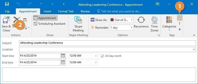 Set a Reminder By default, a reminder will appear 15 minutes before a scheduled appointment or meeting, and 18 hours before an all-day event. However, you can change when a reminder appears.