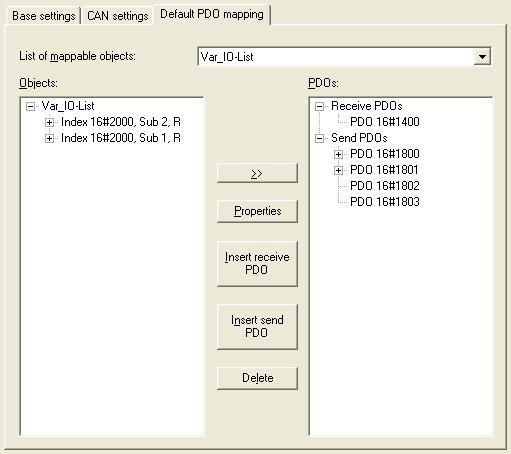 Using CAN ifm CANopen library Tab [Default PDO mapping] 1983 In this tab the assignment between local object directory (OD editor) and PDOs transmitted/received by the CAN device can be defined.