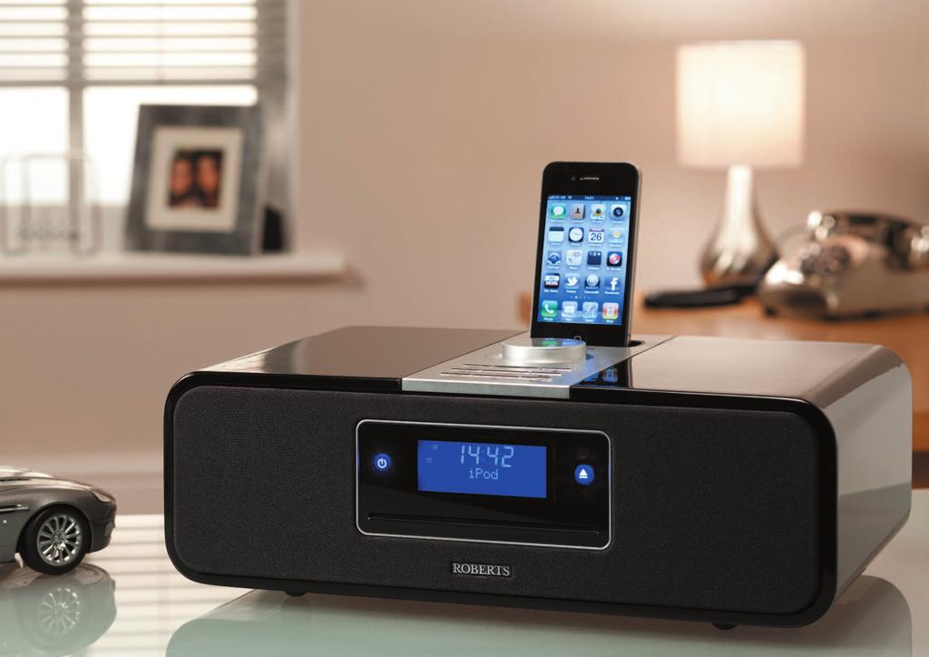 Sound 200 DAB/DAB+/FM RDS stereo sound system with CD player, dock for ipod and Record function from CD and radio to SD or USB contained in an acoustically tuned Piano Gloss