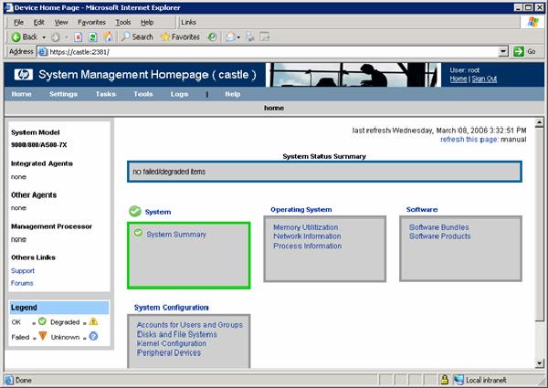 The HP System Management Homepage appears.