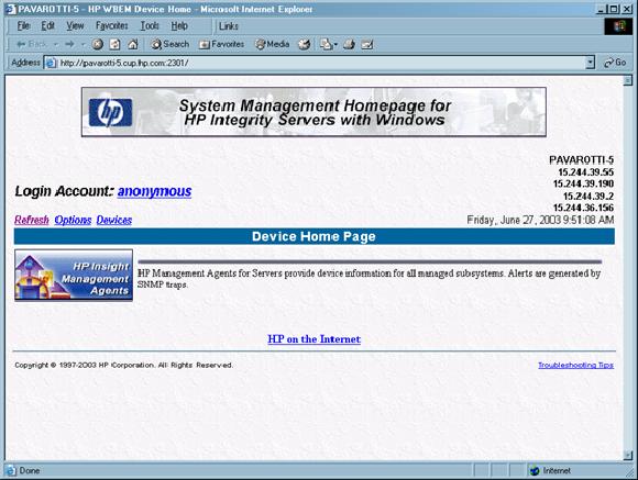 3. Click the HP Insight Management Agent icon to open the management summary page.