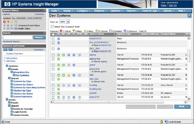 Selecting HP Systems Insight Manager Home initiates a browser launch to the Systems Insight Manager homepage.
