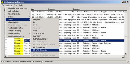 The Alarm Browser can be configured to include launch options for HP Web Jetadmin and HP