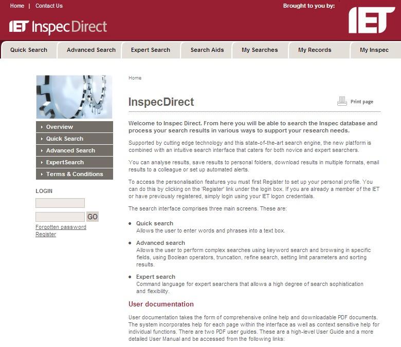Inspec Direct product home page This page can be accessed by clicking on the Home button on the Header.