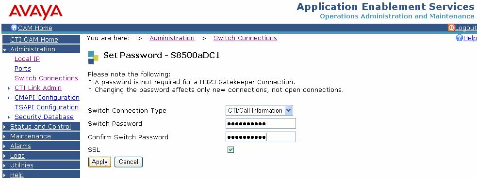 Next, the Set Password screen will be displayed. Enter the same password that was administered on Avaya Communication Manager on the IP Services form in Section 3.2.