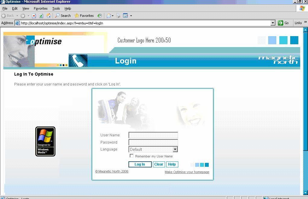 5.2. Configure Optimise Software On the Optimise server, open a browser window and enter http://localhost/optimise into