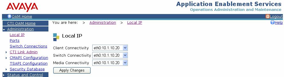 From the CTI OAM Home menu, select Administration > Local IP. In the Client Connectivity field, select the local IP address that the Optimise system will use to connect to the AES server.